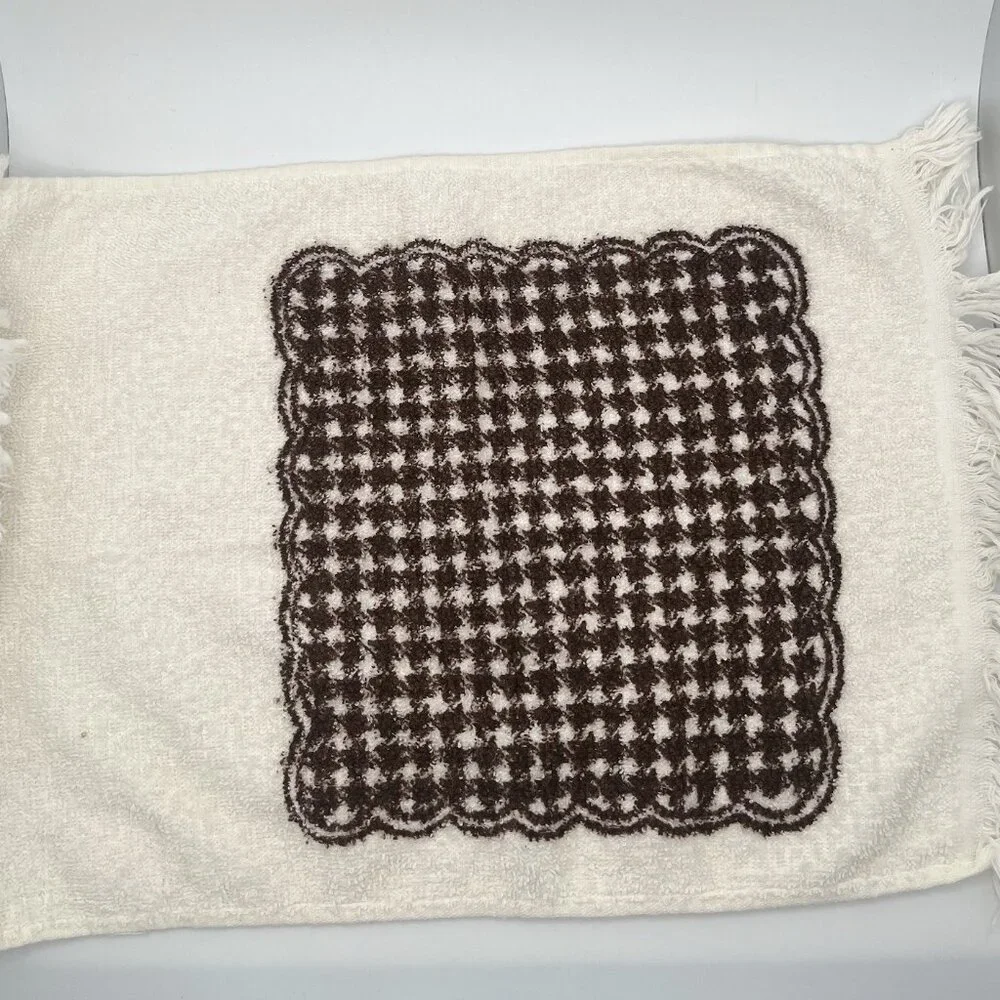 Vintage 70s MCM Flower Brown White Hand Towels Boho Groovy Fringe Set Of 3
